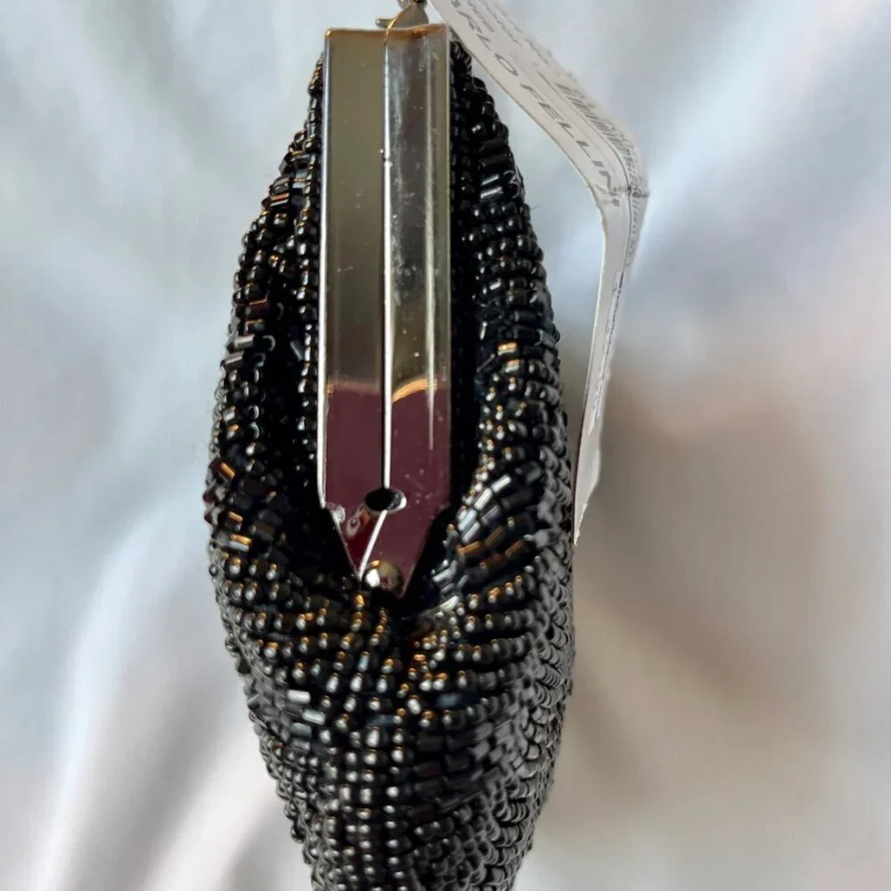 Carlo Fellini Black Formal Evening Bag Detailed Beadwork Clutch w  Chain NWT - Picture 7 of 12